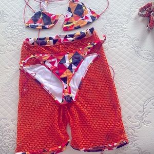 Bikini top and bottom with matching fishnet pants